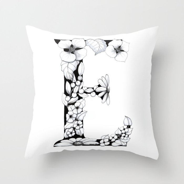 Floral Pen And Ink Letter E Throw Pillow By Penandposy Society6