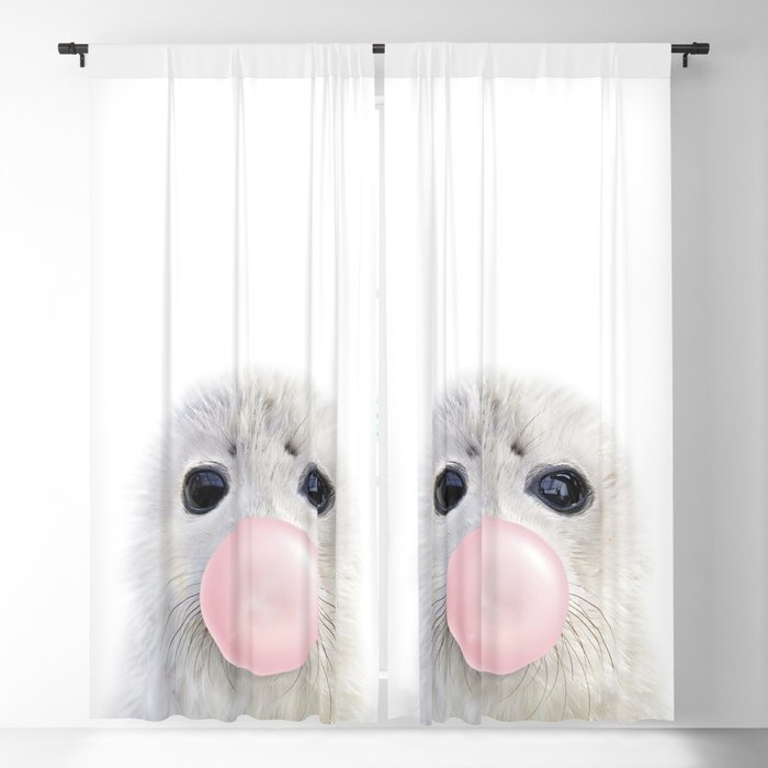 Baby Seal Blowing Bubble Gum, Pink Nursery, Baby Animals Art Print by Synplus Blackout Curtain