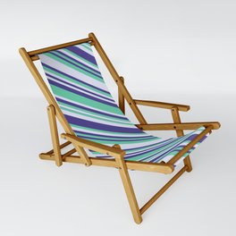[ Thumbnail: Aquamarine, Lavender & Dark Slate Blue Colored Lined/Striped Pattern Sling Chair ]