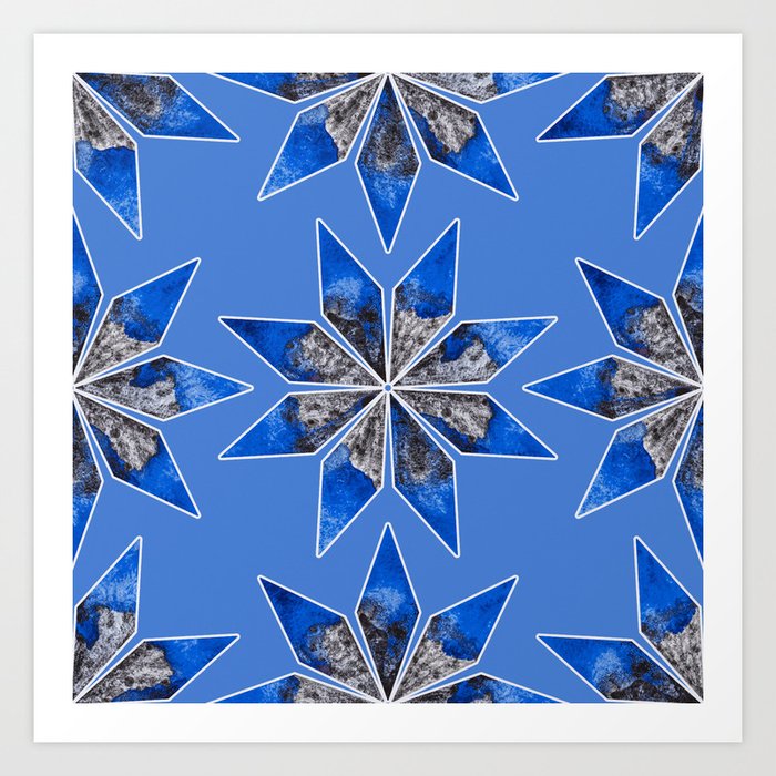 Star shape flower pattern with metalic texture in blue Art Print