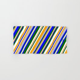 [ Thumbnail: Eyecatching Grey, Blue, Dark Green, White, and Orange Colored Stripes/Lines Pattern Hand & Bath Towel ]