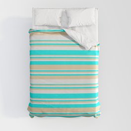[ Thumbnail: White, Aqua & Tan Colored Striped/Lined Pattern Duvet Cover ]