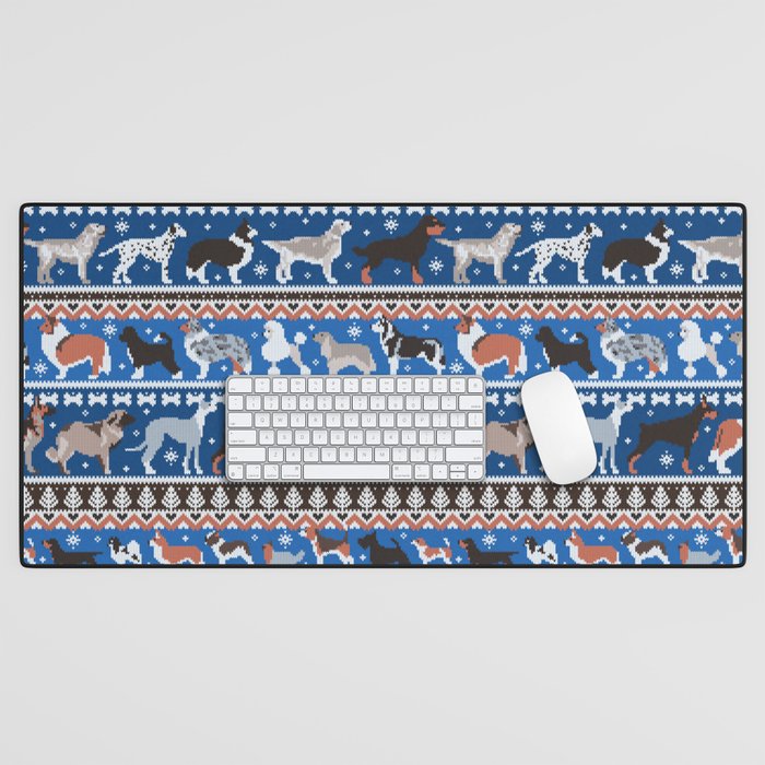 Fluffy and bright fair isle knitting doggie friends // classic and electric blue background brown orange white and grey dog breeds  Desk Mat