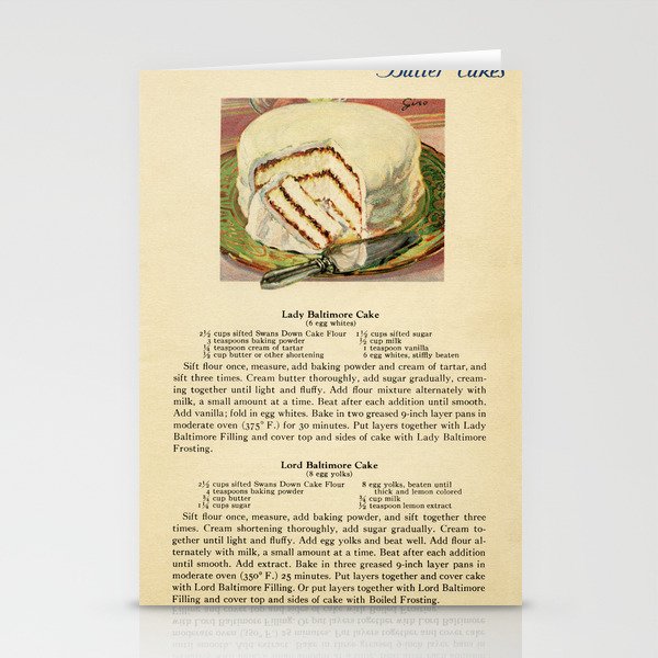 Vintage Lady Baltimore Cake Recipe and Illustration Stationery Cards