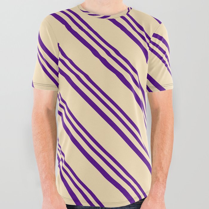 Indigo and Tan Colored Stripes/Lines Pattern All Over Graphic Tee