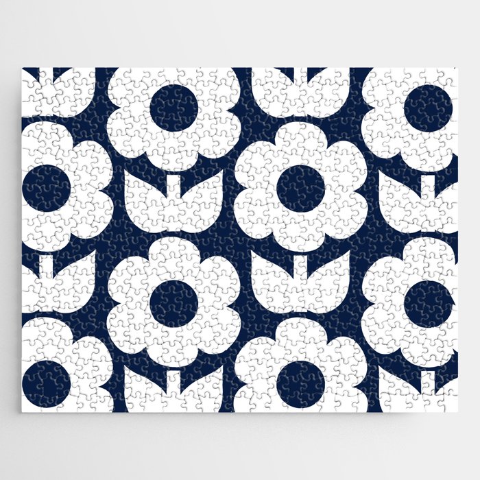 Jonnty Flowers Retro Floral Pattern in Nautical Navy Blue and White Jigsaw Puzzle