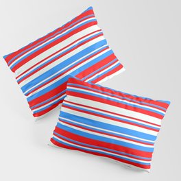 [ Thumbnail: Blue, Red & Mint Cream Colored Stripes Pattern Pillow Sham ]