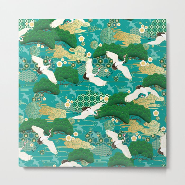 Japanese Flying Crane Aqua Mint Forest Pattern Metal Print