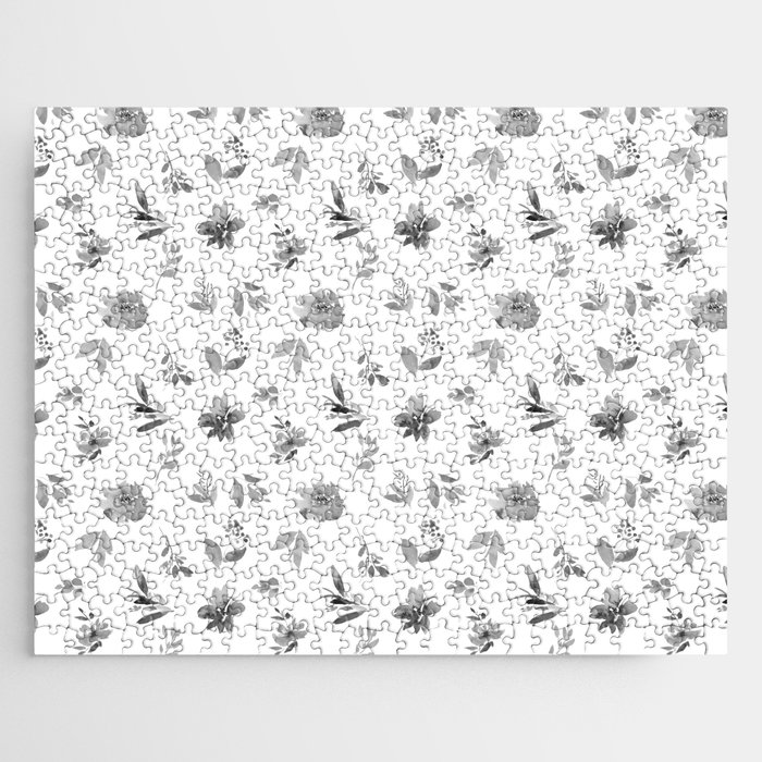Simple black white watercolor foliage flowers Jigsaw Puzzle