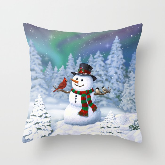 Cute Happy Christmas Snowman with Birds Throw Pillow
