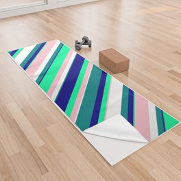 [ Thumbnail: Vibrant Pink, Green, Blue, Teal, and White Colored Striped/Lined Pattern Yoga Towel ]
