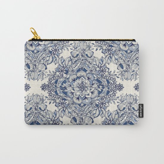 Floral Diamond Doodle in Dark Blue and Cream Carry-All Pouch