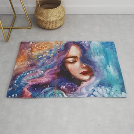 The Universe Owes Us Nothing Rug | Oil, Calm, Women, Purple, Painting, Expressionism, Flowers, Colors, Orange, Feminine 