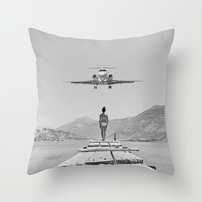 Steady As She Goes; aircraft coming in for an island landing black and white photography- photographs Throw Pillow