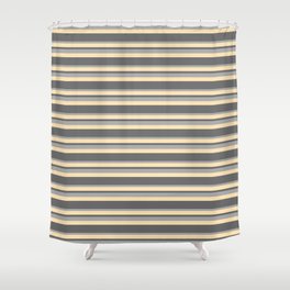 [ Thumbnail: Dim Grey, Dark Grey, and Beige Colored Stripes Pattern Shower Curtain ]