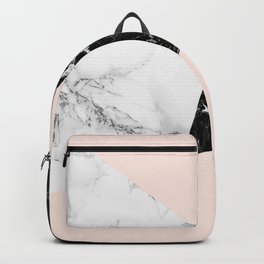 Black white marble blush pink color block Backpack