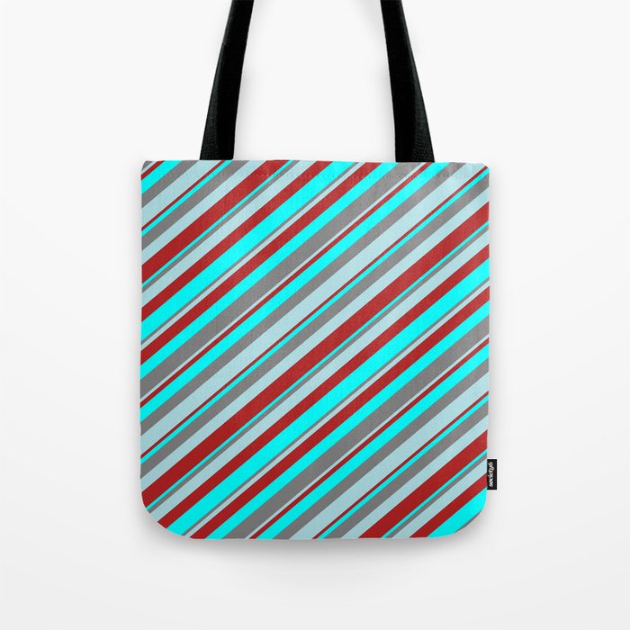 Gray, Powder Blue, Red & Cyan Colored Stripes Pattern Tote Bag