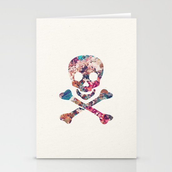 Pink Teal Vintage Floral Pattern Skull Cross Bones Stationery Cards