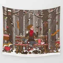 Lily Lux and a Bench in the Winter Forest  Wall Tapestry