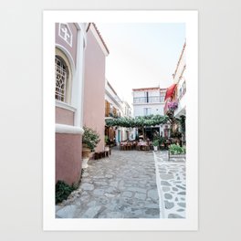 Greek Street in Skiathos | Picturesque Cobblestone Alley in Greece | Pastel coloured Travel Photo Wall Art Print with White and Pink Walls Art Print