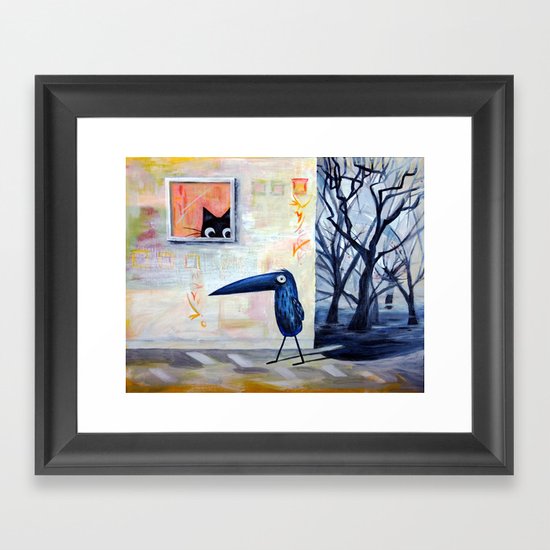 Cat and Bird Framed Art Print