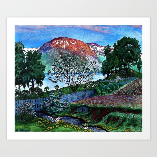June Night Fjord Lakeside In The Garden Alpine Landscape Painting By Nikolai Astrup Art Print By Jeanpaul Ferro Society6