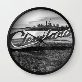 Cleveland Ohio Sign Lake Erie Skyline Black White Print Wall Clock