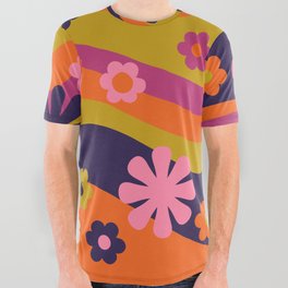 Retro Waves Psychedelic 60s 70s Flower Power Abstract Pattern Lime Blue Magenta Orange Pink All Over Graphic Tee
