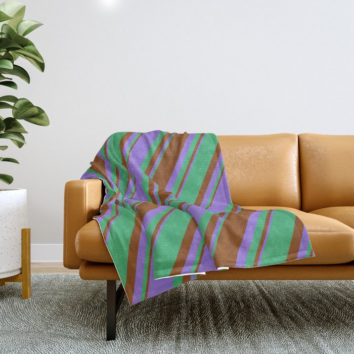 Purple, Sea Green & Brown Colored Lined/Striped Pattern Throw Blanket