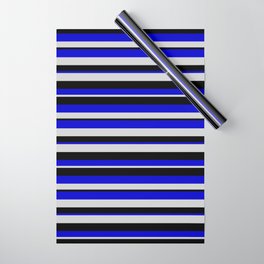 [ Thumbnail: Blue, Light Gray & Black Colored Striped Pattern Wrapping Paper ]