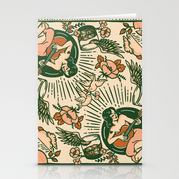 Whiskey & Lyrics Pattern Featuring A Pinup Girl Playing Guitar, Peach Cream Version Stationery Cards