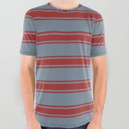 [ Thumbnail: Light Slate Gray & Brown Colored Pattern of Stripes All Over Graphic Tee ]