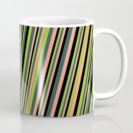 [ Thumbnail: Green, Dark Slate Gray, Light Salmon & Black Colored Stripes Pattern Coffee Mug ]