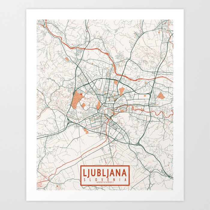 Ljubljana City Map of Slovenia - Bohemian Art Print
