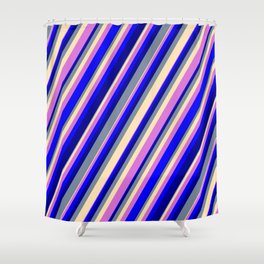 [ Thumbnail: Light Slate Gray, Beige, Orchid, Blue & Dark Blue Colored Striped Pattern Shower Curtain ]