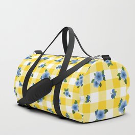 Blue Roses All Over - yellow check Duffle Bag
