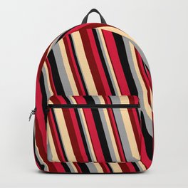 [ Thumbnail: Eye-catching Crimson, Maroon, Tan, Dark Gray, and Black Colored Lines/Stripes Pattern Backpack ]