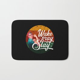 Wake Pray Slay With Retro Vintage Sunset Design Bath Mat | Retro, Graphicdesign, Positive Quote, Sunset, Retro Sunset, Rosie, Wake Pray Slay, Vintage Sunset, Rosie The Riveter, Motivational Quote 