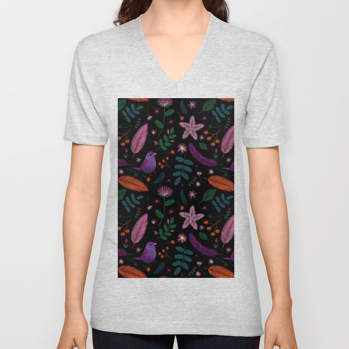 Embroidered Bird & Flowers V Neck T Shirt