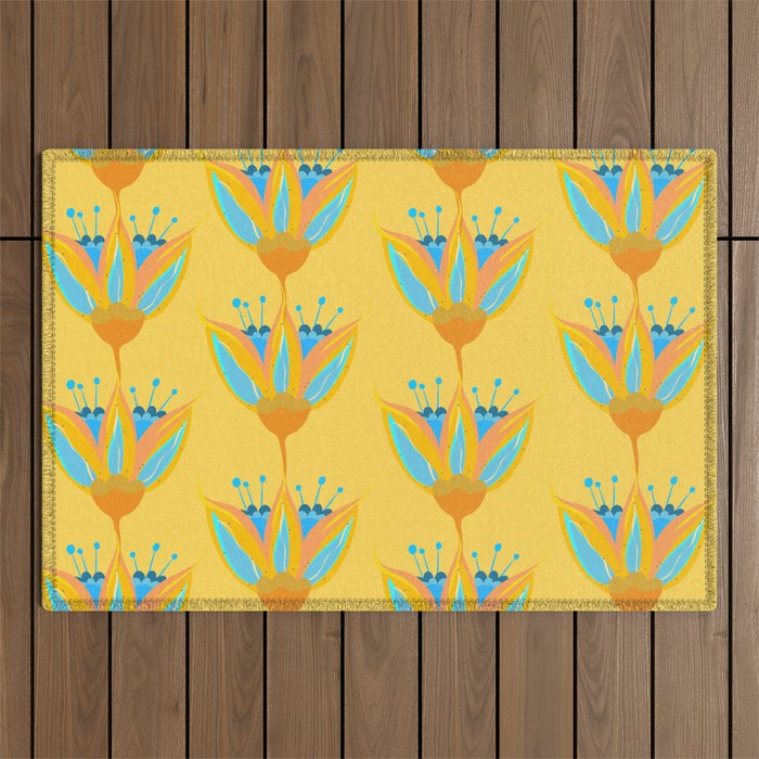 Abstract Colorful Floral Art Pattern in Turquoise and Yellow Outdoor Rug