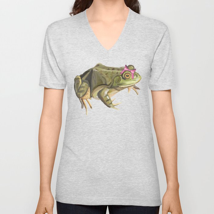 Girly American Bullfrog with Pink Bow V Neck T Shirt