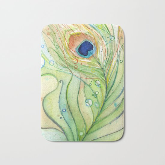 Peacock Feather Green Texture and Bubbles Bath Mat
