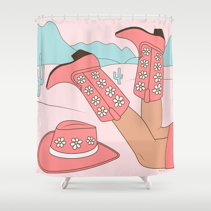 Cute Desert Cowgirl Pink Cowboy Boots Daisy Shower Curtain