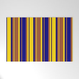[ Thumbnail: Yellow, Sienna & Blue Colored Striped Pattern Welcome Mat ]