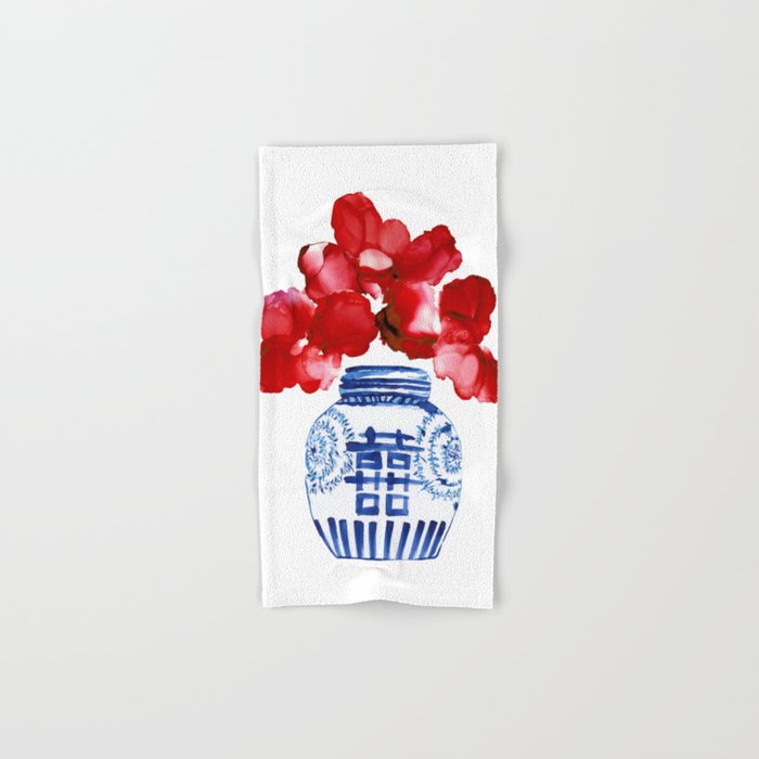 Red Chinoiserie & Blooms Hand & Bath Towel