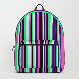 [ Thumbnail: Eye-catching Green, Lavender, Indigo, Hot Pink & Black Colored Lines/Stripes Pattern Backpack ]