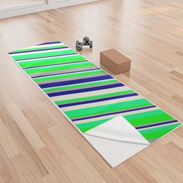 [ Thumbnail: Eyecatching Dark Gray, Dark Blue, Beige, Green & Lime Colored Striped/Lined Pattern Yoga Towel ]