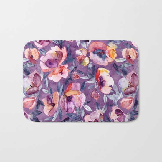 May Afternoon - a watercolor floral in purple and peach Bath Mat