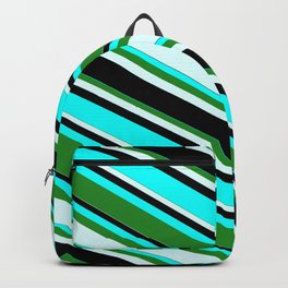[ Thumbnail: Aqua, Forest Green, Light Cyan, and Black Colored Lines/Stripes Pattern Backpack ]