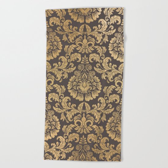 Gold swirls damask #8 Beach Towel